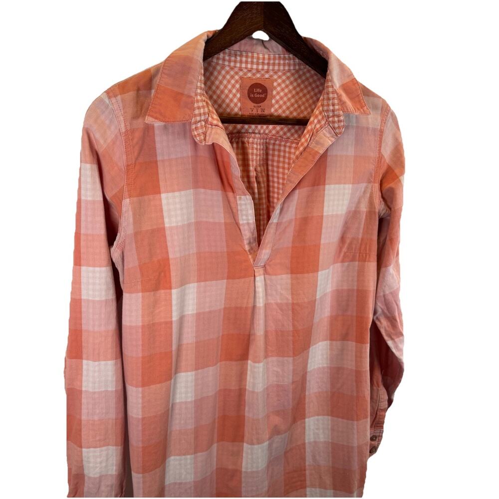 Life Is Good Women’s S Plaid Sleep Shirt Dress Cotton Long Sleeve Embroidered